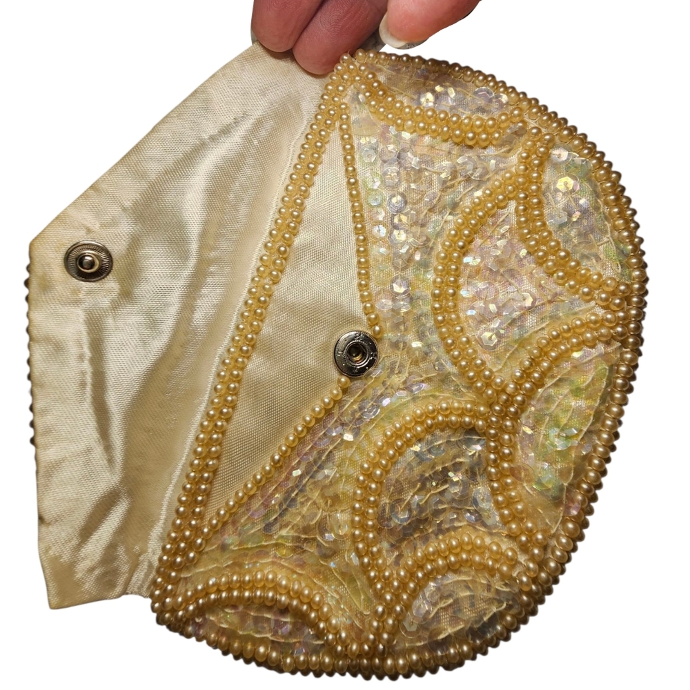 ​🛍️VINTAGE La Regale Ivory Pearl Sequin Clutch 1950s Beaded Evening Bag - Picture 4 of 6